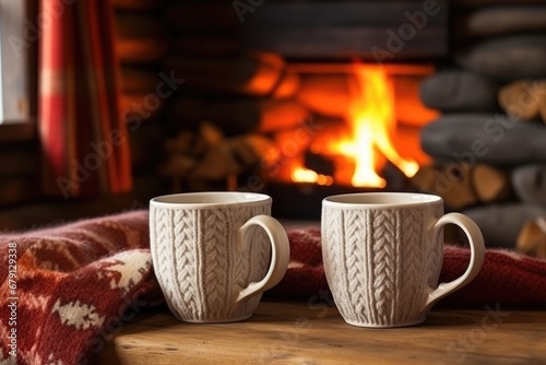 Two woolen mugs for tea or coffee near cozy fireplace. Winter warming drink