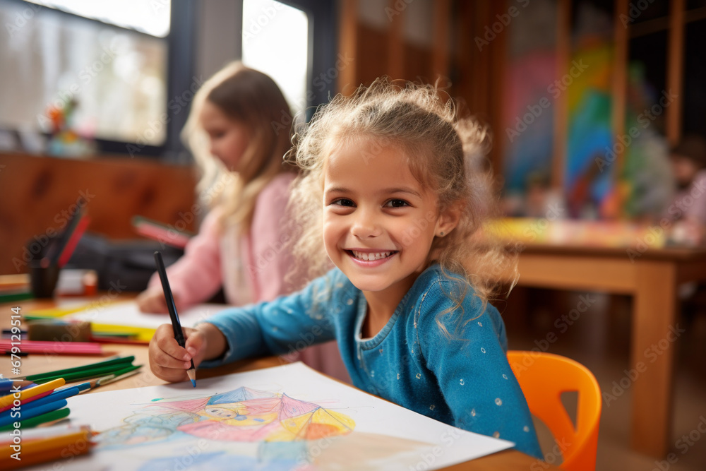 Creative Spark: Excited Girl Explores Drawing in Fun Art Class Creative Spark: Excited Girl Explores Drawing in Fun Art Class