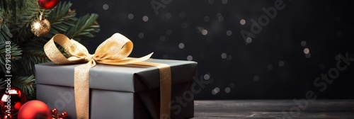 Christmas gift box with gold ribbon and fir branch on dark background, partcle lights decoration. Christmas and New Year holiday copy space background. Xmas greeting cardn photo