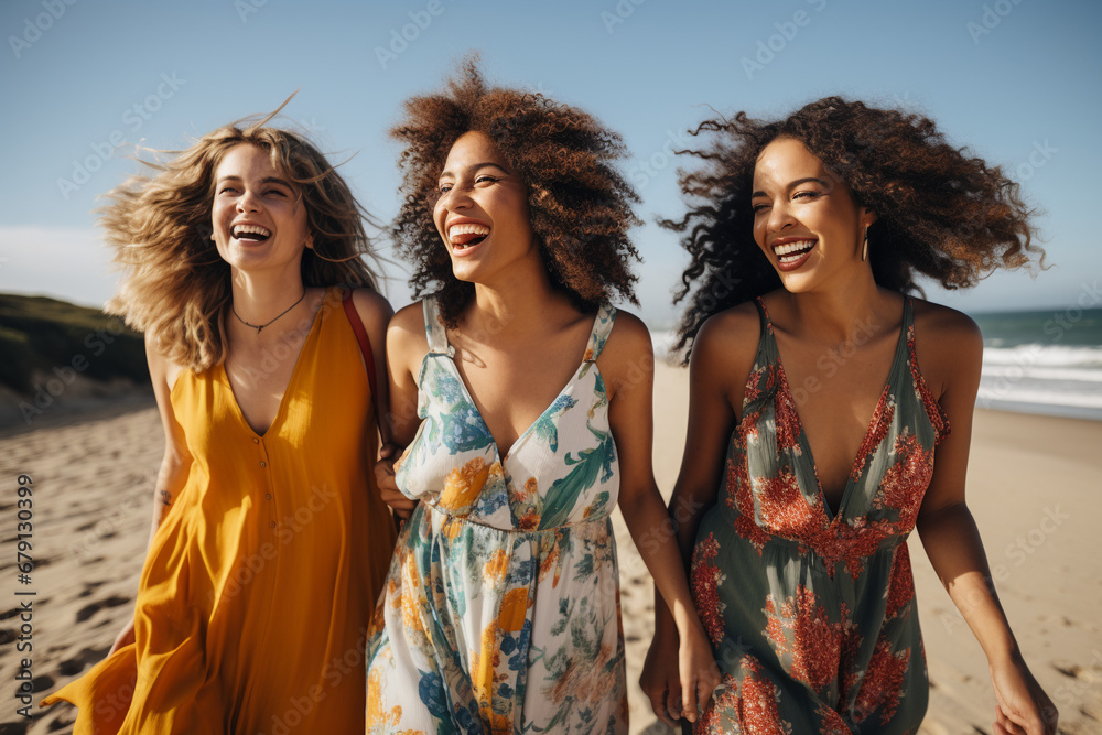 Fototapeta premium Beachside Harmony: Female Friends Find Joy in Walking by the Sea