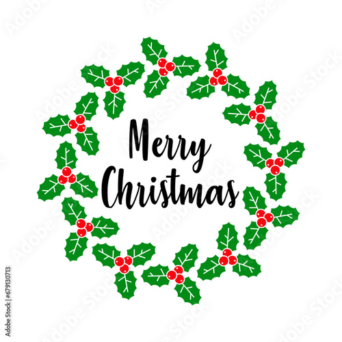 Logo con palabra en texto manuscrito Merry Christmas en silueta de corona navideña de hojas y bayas de acebo para tarjetas y felicitaciones