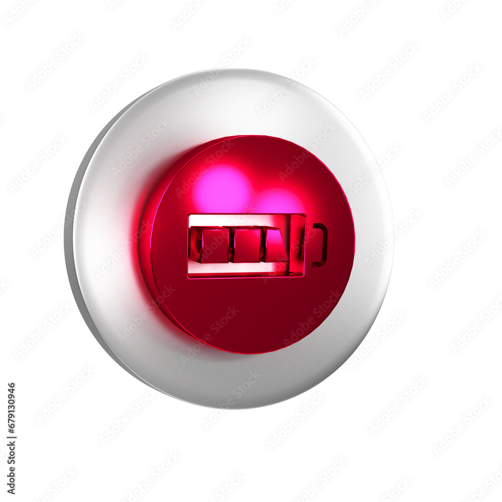 Red Battery charge level indicator icon isolated on transparent background. Silver circle button. Red Battery charge level indicator icon isolated on transparent background. Silver circle button.
