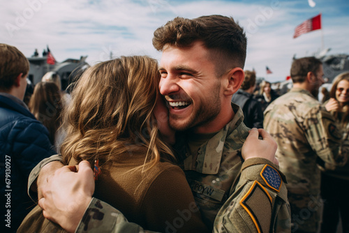 Homebound Joy: Emotional and Happy Military Homecoming Moment photo