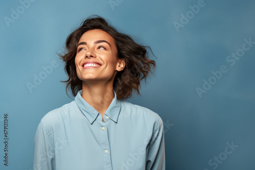 Radiant Reflection: Happy Woman Smiling Away in Studio Setting