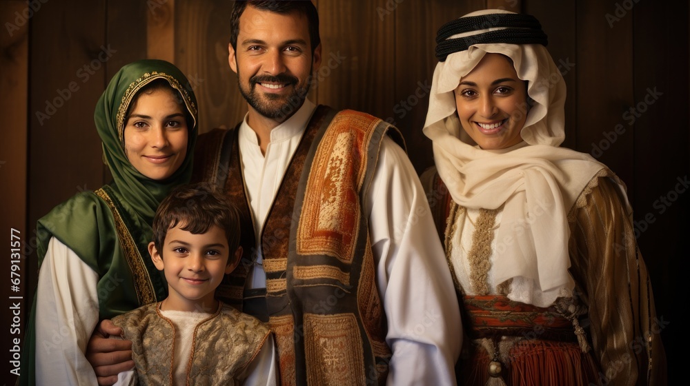 Picture of an Arab family dressed in national costumes, smiling, looking at the camera.