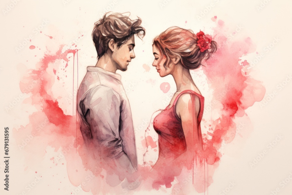 Tender gaze, couple close together, watercolor, soft pink splashes, romantic Valentine, heartfelt connection, love concept for Valentine's Day. Tender gaze, couple close together, watercolor, soft pink splashes, romantic Valentine, heartfelt connection, love concept for Valentine's Day.