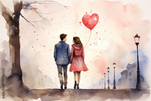 Romantic stroll, young couple holding hands, red heart balloon, pastel watercolor Parisian street, Valentine togetherness, love concept for Valentine's Day.