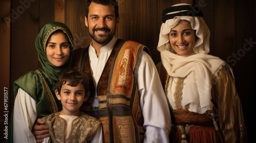 Picture of an Arab family dressed in national costumes, smiling, looking at the camera.