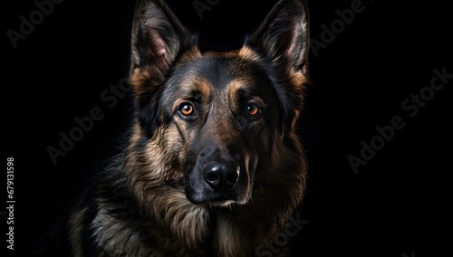 Intense gaze of a German Shepherd, highlighted in moody lighting
