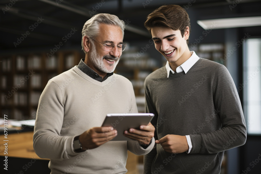 Digital Dialogue: Male Teacher Communicates with Student Using Tablet