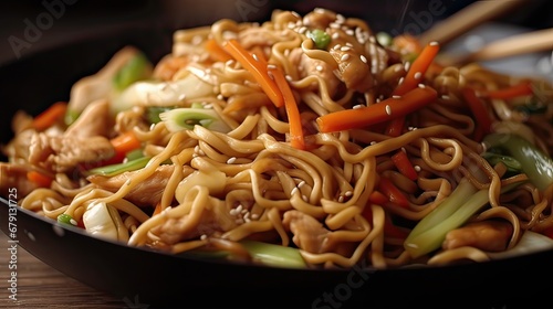 Chow mein: fried noodles with chicken and vegetables close-up