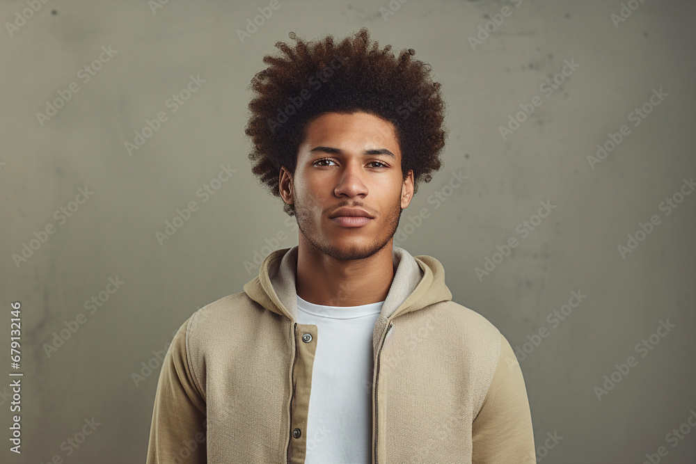 Obraz premium Freckled Fro: Man Flaunts Curly Afro Hairstyle in Studio Setting