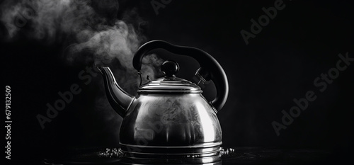 Tea kettle with boiling water on a black background photo