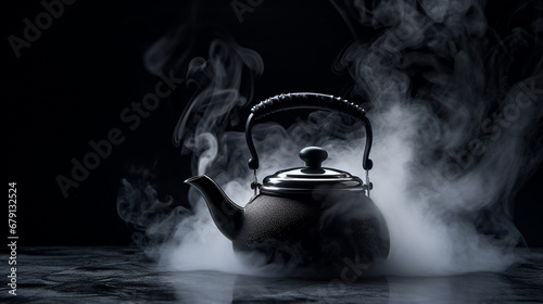 Tea kettle with boiling water on a black background