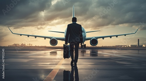 A businessman is walking towards a plane waiting