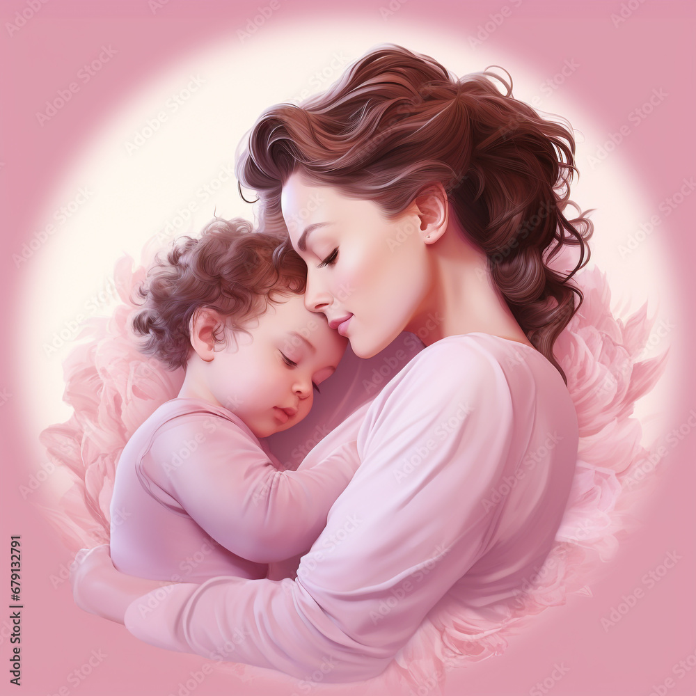 Beautiful mother holds her newborn baby, hugs and kisses him. isolated on pink background Beautiful mother holds her newborn baby, hugs and kisses him. isolated on pink background