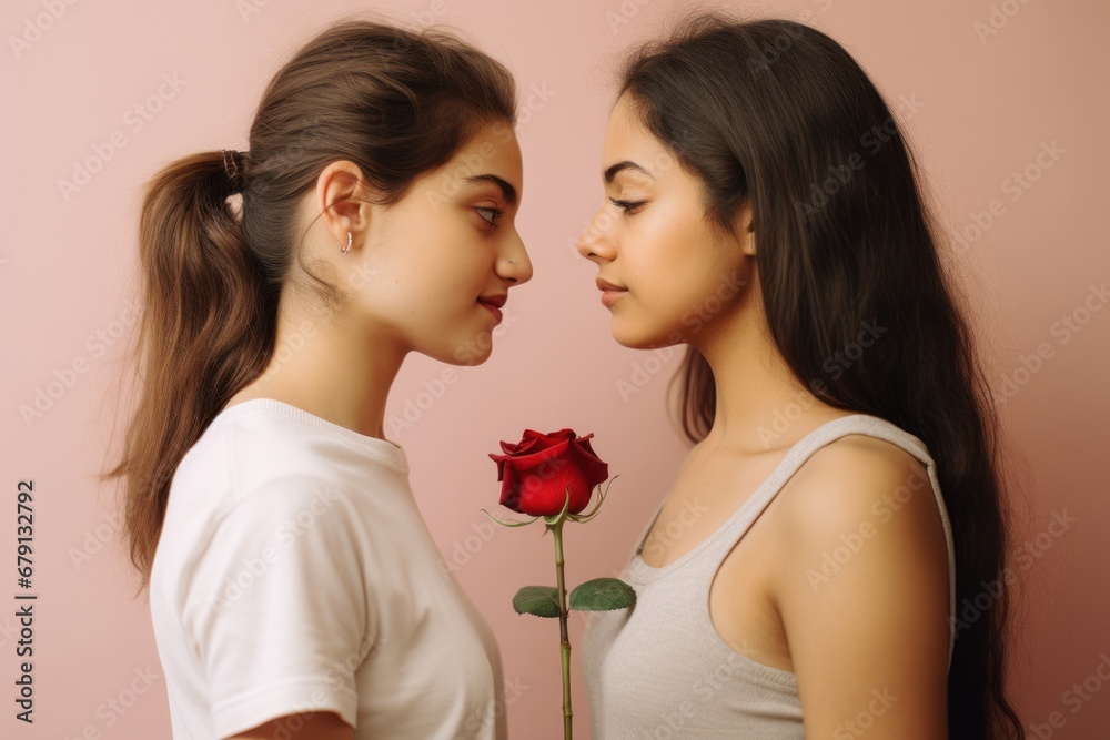 Women with a single red rose between them, close-up, gentle eye contact, soft pink backdrop - Romantic connection and tenderness, love concept for Valentine's Day and LGBTQ. Women with a single red rose between them, close-up, gentle eye contact, soft pink backdrop - Romantic connection and tenderness, love concept for Valentine's Day and LGBTQ.