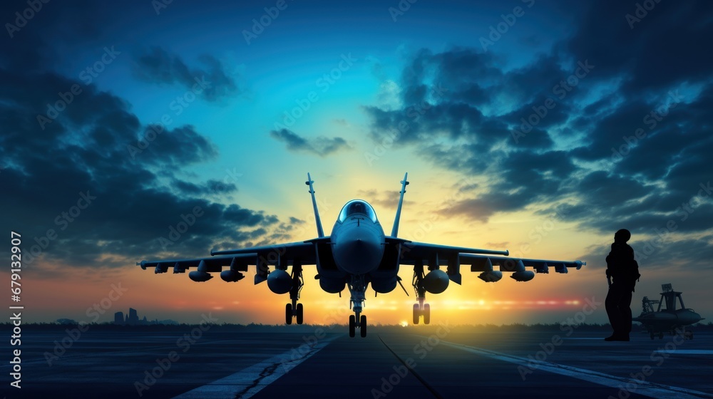 Silhouette soldiers show off aircraft performance in an air show with twilight sky background - obrazy, fototapety, plakaty 