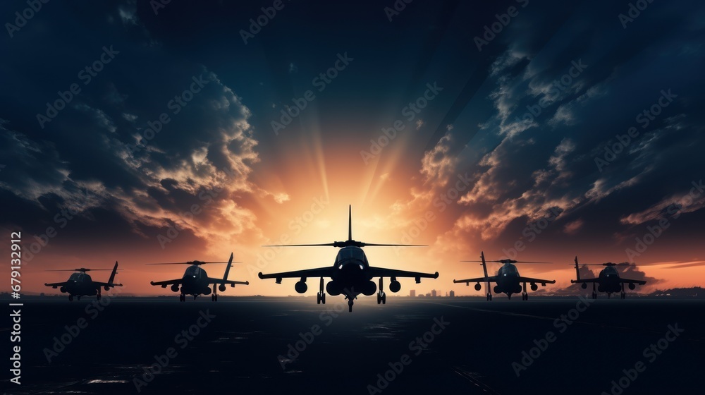 Silhouette soldiers show off aircraft performance in an air show with twilight sky background Silhouette soldiers show off aircraft performance in an air show with twilight sky background