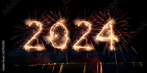 2024 sign new year's eve firework wide photograph