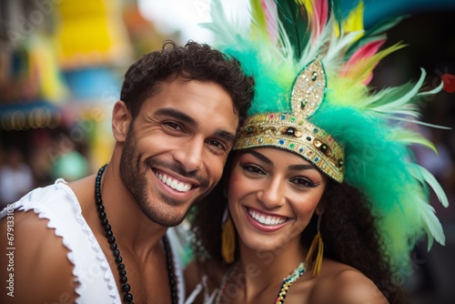 Joyful Brazilian Couple Celebrating in Vibrant Carnival Attire © Kristian