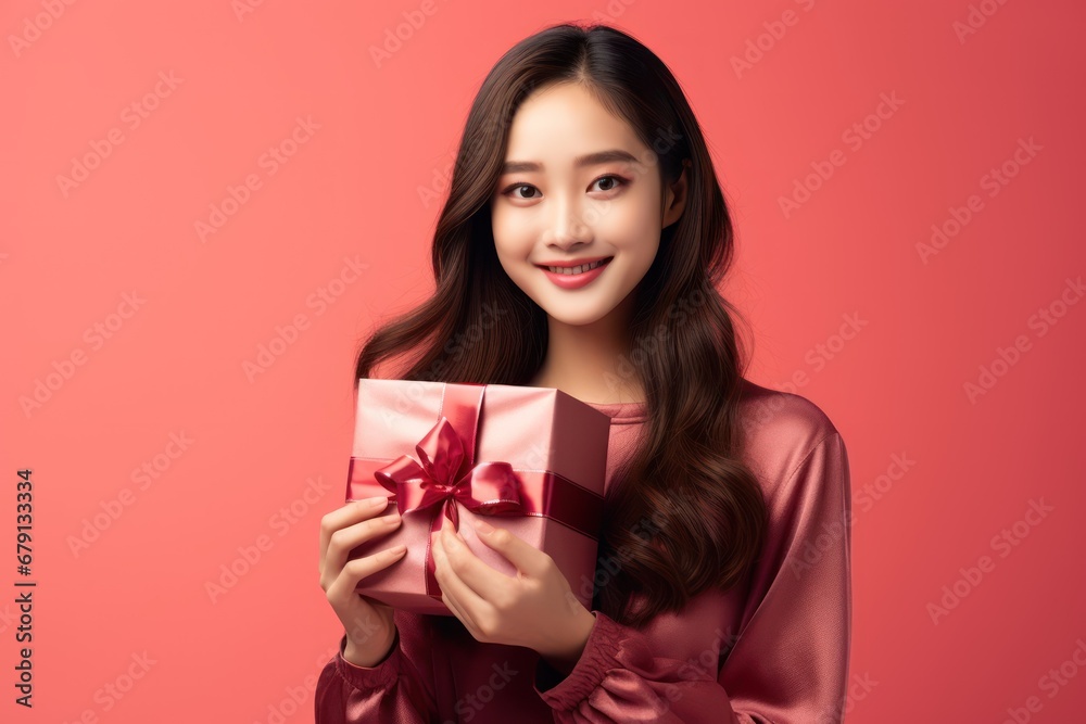 Cute girl Standing in christmas light background, unboxing a christmas present, Christmas and Happy new year surprise gift unboxing Cute girl Standing in christmas light background, unboxing a christmas present, Christmas and Happy new year surprise gift unboxing