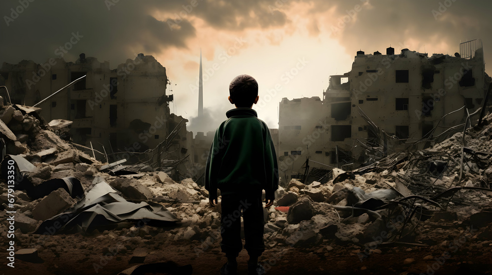 A young boy stand in front of Palestinian flag with destroy buildings,Generative by Ai.