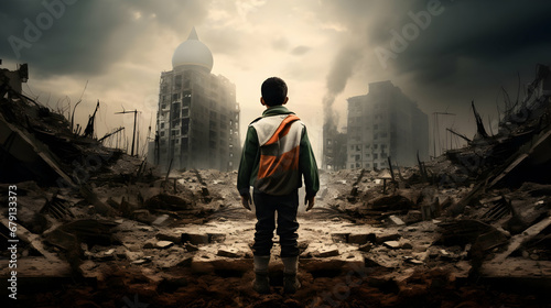 A young boy stand in front of Palestinian flag with destroy buildings,Generative by Ai.