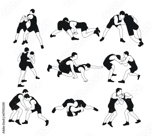 Outline silhouettes of athletes wrestlers. Greco Roman, freestyle, classical wrestling