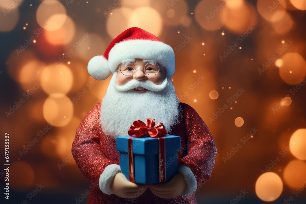 Cute Toy Santa claus holds a Christmas present in his hands. Concept of Christmas gifts and Happy New Year, Gift presenting for kids Cute Toy Santa claus holds a Christmas present in his hands. Concept of Christmas gifts and Happy New Year, Gift presenting for kids