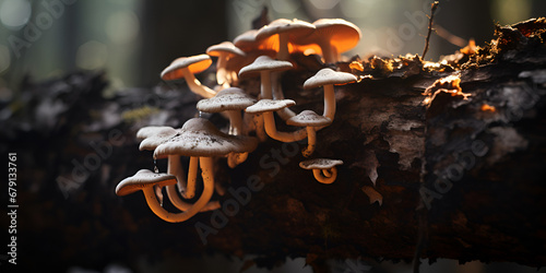 Brown Mushrooms on Brown Tree Trunk, A Group Small Mushrooms, Close-Up Shot of Mushrooms, GENERATIVE AI

 photo