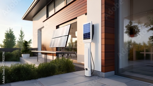 A modern private electric vehicle (EV) charging station installed at a residential home, featuring a dedicated power unit for convenient domestic plugin and charging of electric cars. photo