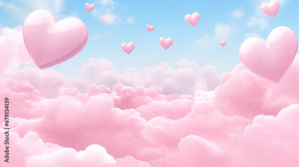Lovely pink hearts floating in fluffy pink clouds on a blue background are a romantic backdrop for Valentine's Day.