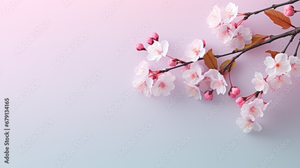 A blooming sakura branch on a soft pink background is a symbol of spring and new beginnings, with empty space on the side.