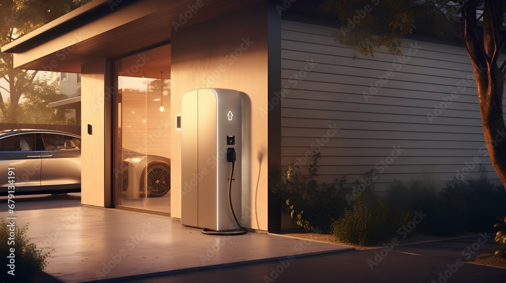 Image showcasing A modern private electric vehicle (EV) charging station installed at a ...
