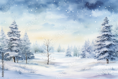 christmas wallpaper with a snowing tree, watercolor, landscape