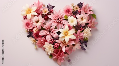 A heart-shaped flower arrangement on a soft pink background is a beautiful and romantic symbol of love.