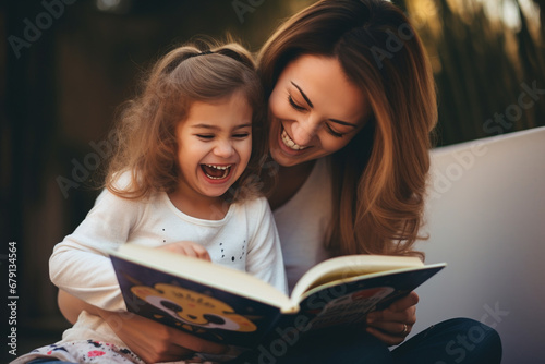 Joyful Storytime: Preschool Girl and Mom Share Laughter in Reading Session