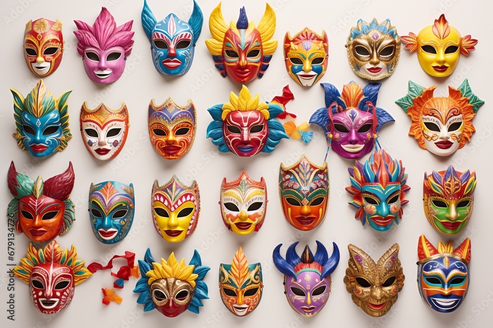 Ornate Carnival Masks and Vibrant Costumes Against Plain Background