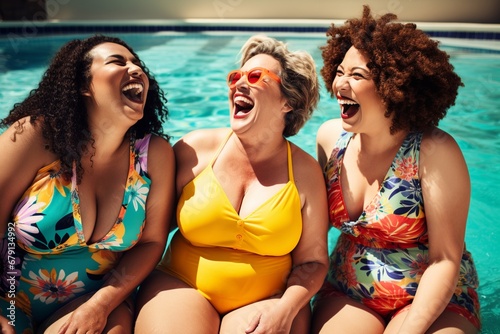 Joyful Plus-Size Friends in Swimwear Enjoying Pool Day at Home photo