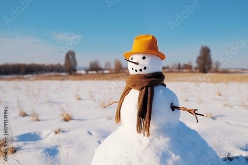 Funny snowman in stylish brown scalf and yellow hat on snowy field. Generative AI photo