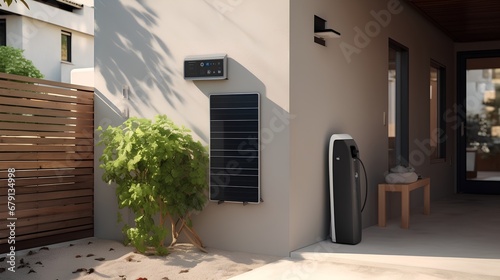 A modern private electric vehicle (EV) charging station installed at a residential home, featuring a dedicated power unit for convenient domestic plugin and charging of electric cars. photo