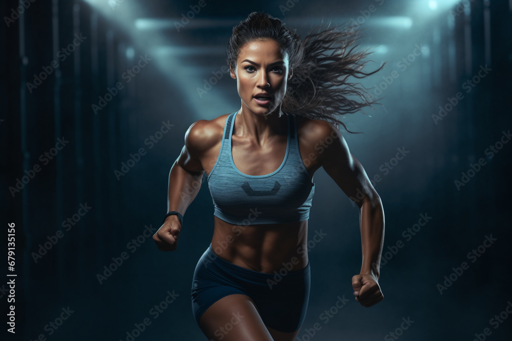 Obraz premium Dynamic Studio Workout: Sportswoman Combines Running and Strength Training