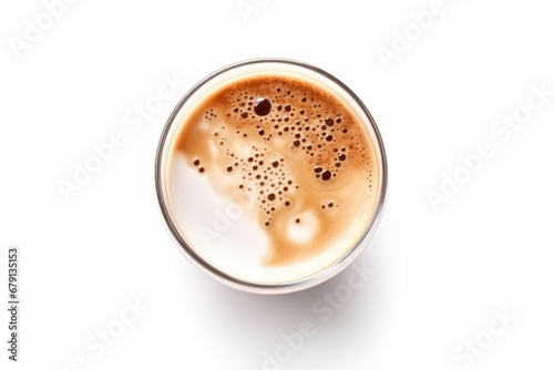 Glass cup of cappuccino isolated on white background. Top view. Generative AI