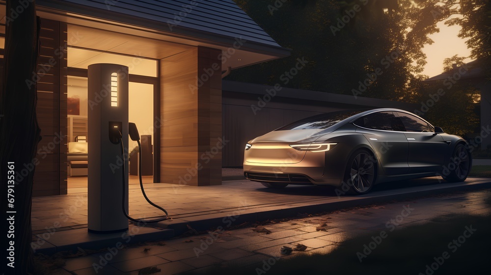 A sleek, contemporary electric vehicle is stationed outside a residential building, connected to a personal EV charging unit, showcasing sustainable transportation. - obrazy, fototapety, plakaty 