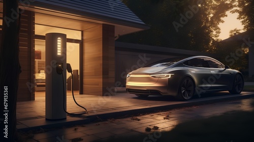 A sleek, contemporary electric vehicle is stationed outside a residential building, connected to a personal EV charging unit, showcasing sustainable transportation.