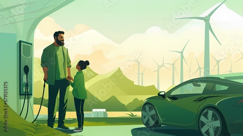 A caring father and his young daughter are engaged in plugging an EV charger into their electric car, demonstrating the importance of sustainable transportation to the new generation. photo