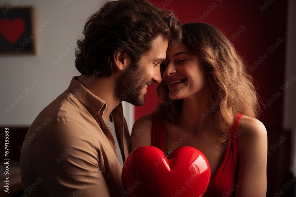 Man and Woman Holding Red Hearts Embodying Valentine's Spirit