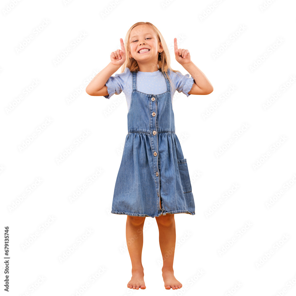Happy, portrait and kid girl pointing up at advertising news, discount deal or show promotion, sales notification or commercial. Fashion choice, info and child isolated on transparent, png background Happy, portrait and kid girl pointing up at advertising news, discount deal or show promotion, sales notification or commercial. Fashion choice, info and child isolated on transparent, png background