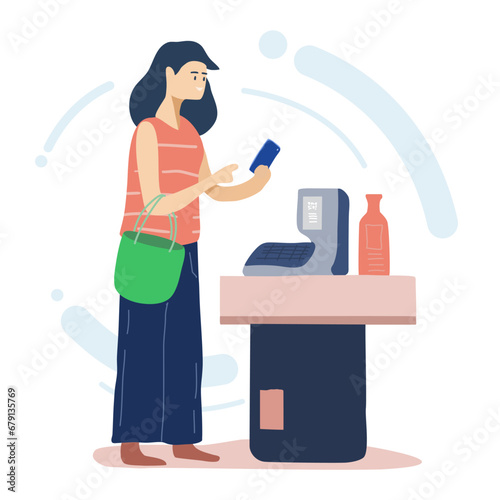 Vector illustration woman shopping and pay mobile contactless to cashier machine with digital marketing technology